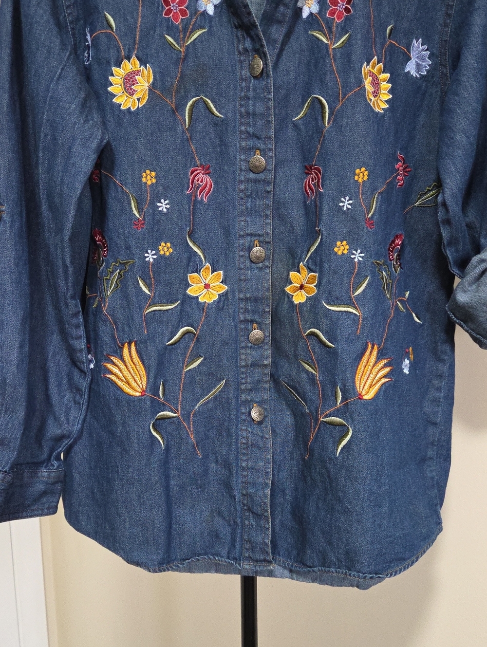 Embroidered Denim Button-Down Shirt - Blue - Picture 3 of 6